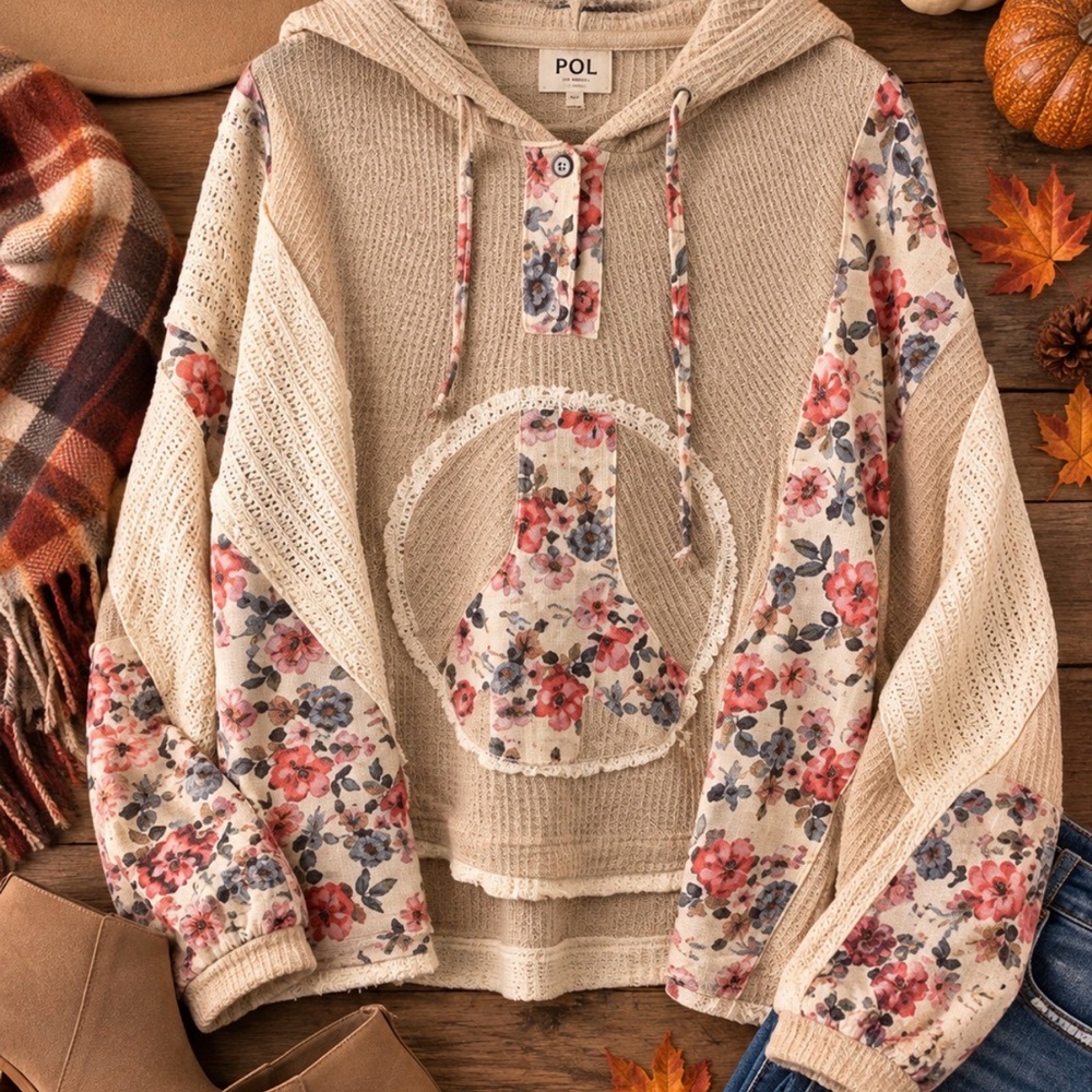POL Beige Floral Panel Hooded Sweater